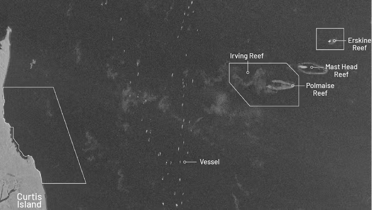 A black and white satellite composite photo showing boats in the ocean