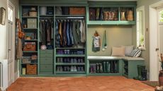 boot room with hooks for coats and closet storage