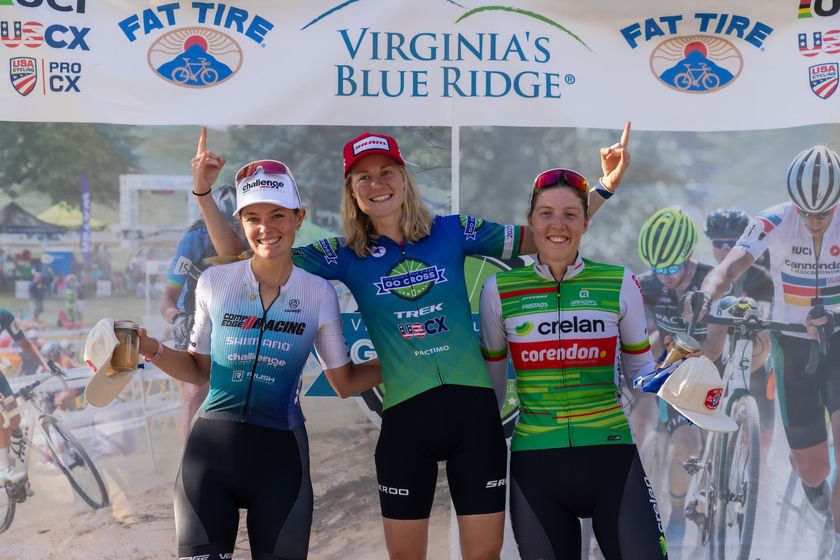 Elite women&#039;s podium in C1 GO Cross 2025 (L to R): Mia Aseltine in second, winner Maghalie Rochette and Manon Bakker in third