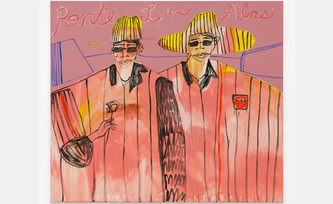 Studio Lenca artwork of men in red striped suits against pink background