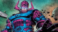 A screenshot of Fantastic Four villain Galactus reaching out to grab a planet in a Marvel comic book