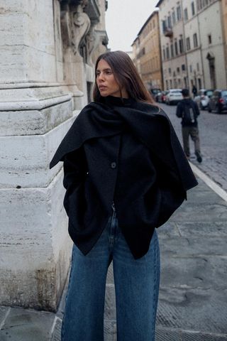 Cropped Wool Coat With Scarf