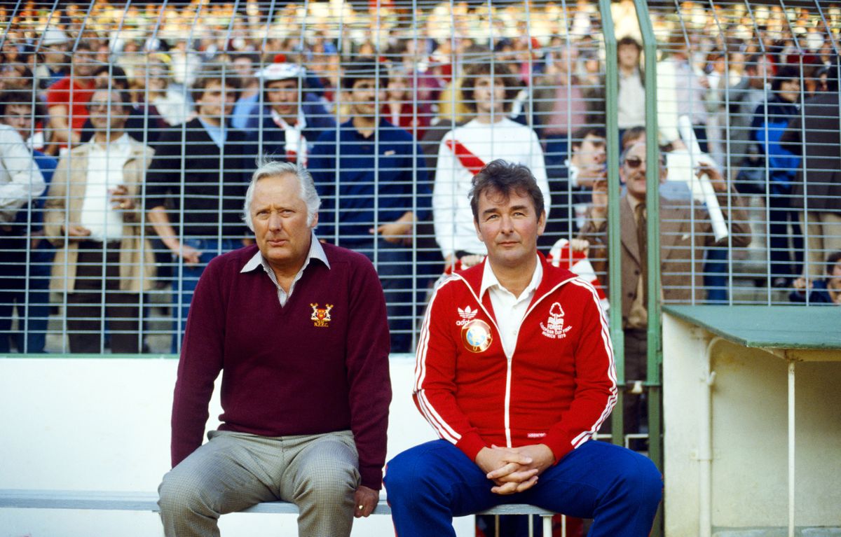Nottingham Forest manager Brian Clough and assistant manager Peter Taylor look on ahead of the 1980 European Cup final against Hamburg at the Santiago Bernabeu in Madrid, Spain