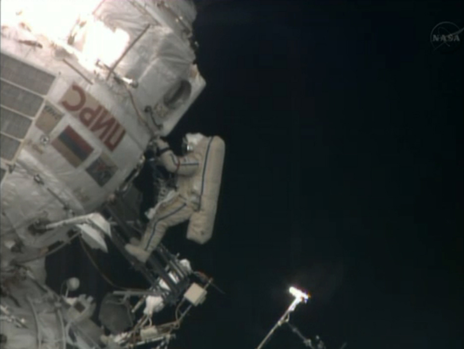 Russian cosmonaut Pavel Vinogradov, the world&#039;s oldest spacewalker, floats outside the International Space Station near the end of a 6.5-hour spacewalk on April 19, 2013.