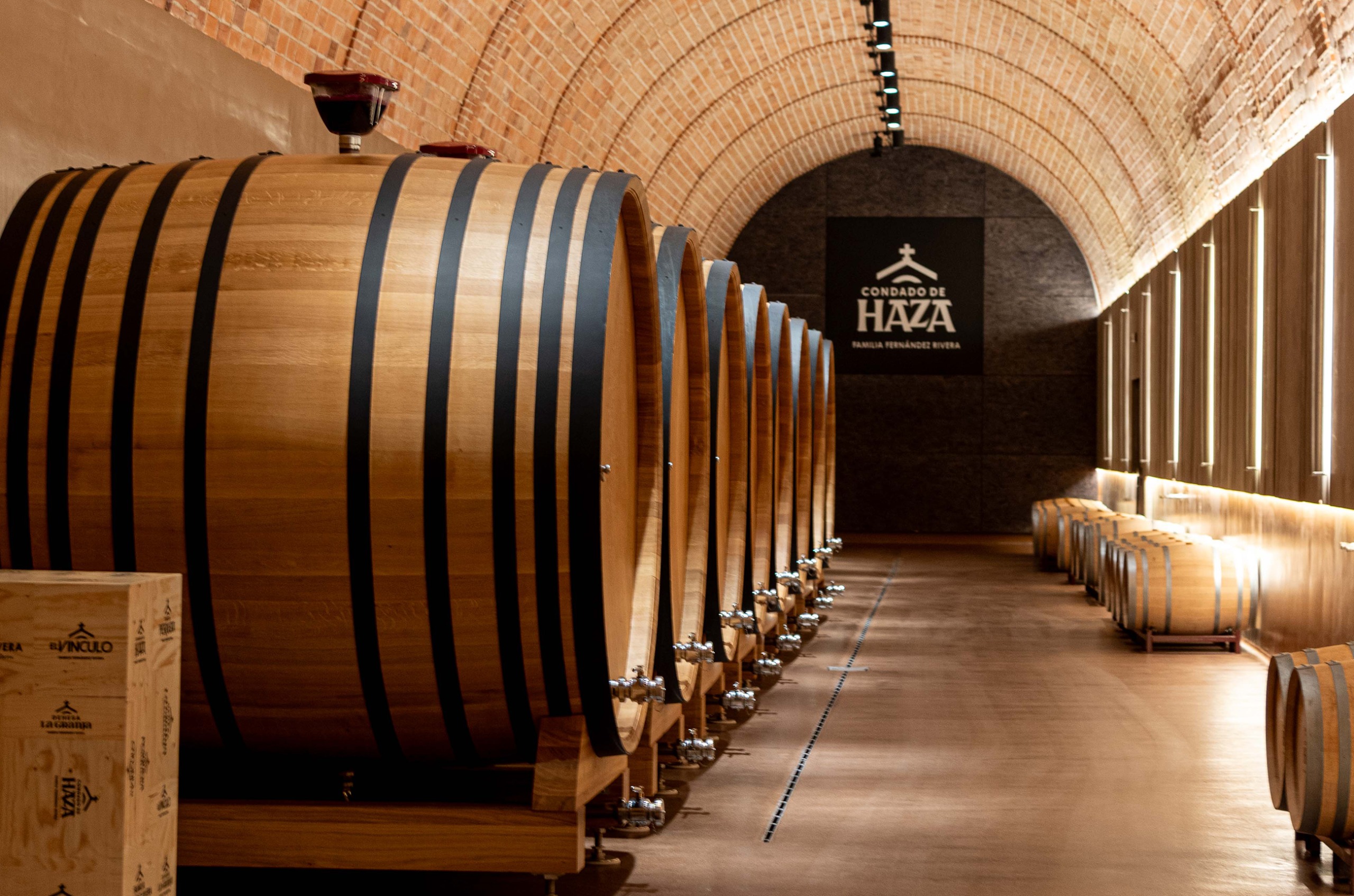 Very large oak barrels lined up in a room with a curved brick ceiling
