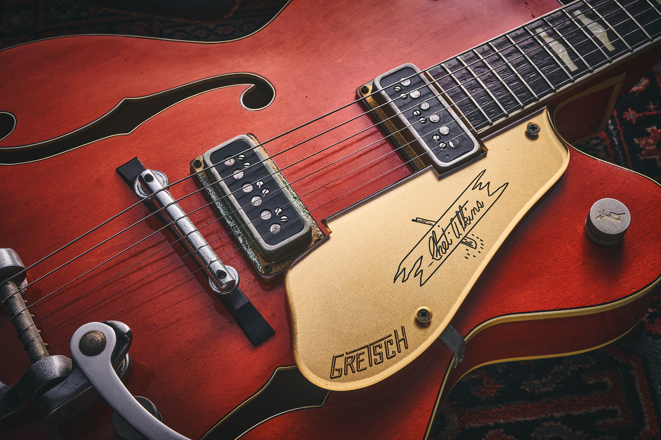 Jimmy Page&#039;s 1947 Gretsch 6120: a vintage unicorn photographed in detail, with the original NME featuring the Led Zeppelin guitarist&#039;s interview.