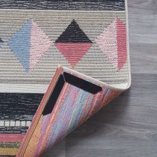 Amazon rug grippers applied to a patterned rug on top of a kitchen lino flooring