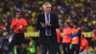 Brazil manager Carlo Ancelotti clapping his hands in his first fixture for the South American side.