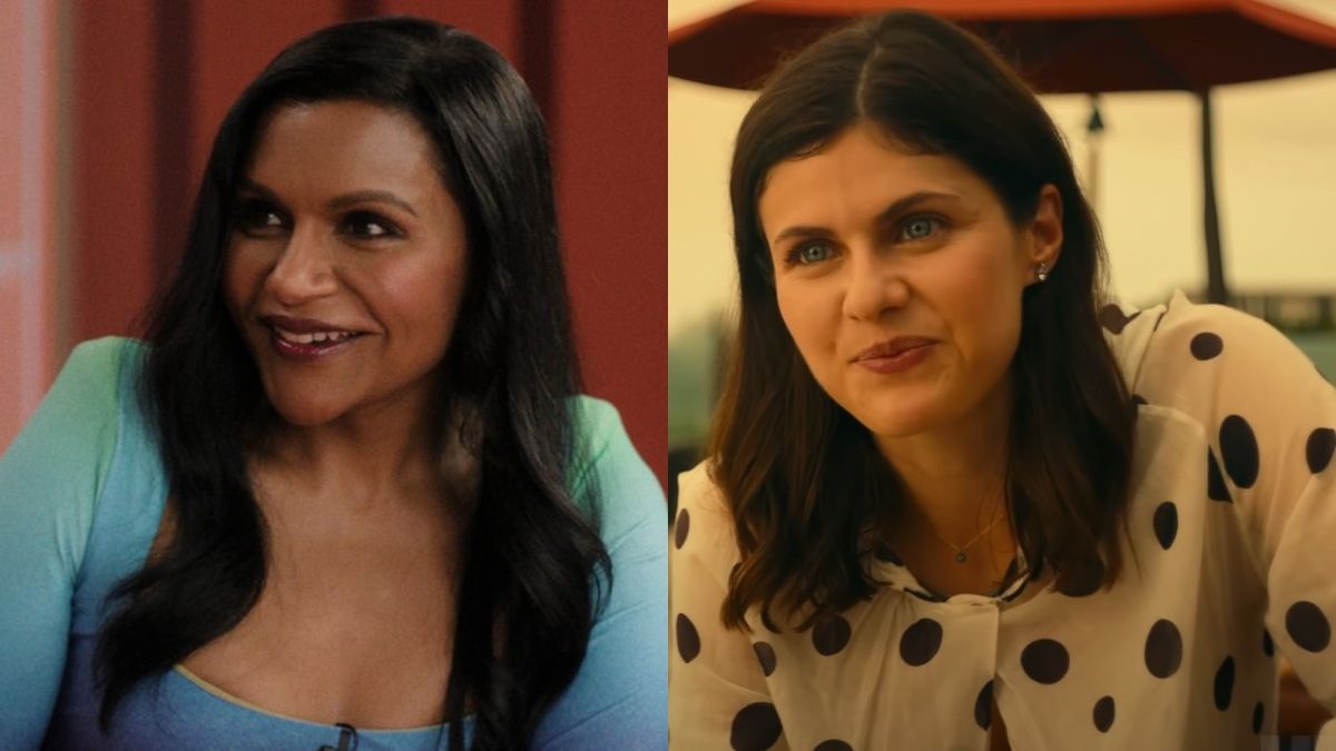 From left to right: Mindy Kaling smiling on The Morning Show and Alexandra Daddario looking happy on The White Lotus.