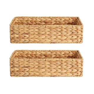 Two light brown rectangular wicker storage baskets