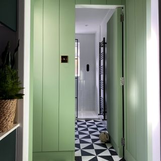 Green painted hallway and doors with checkerboard tiles
