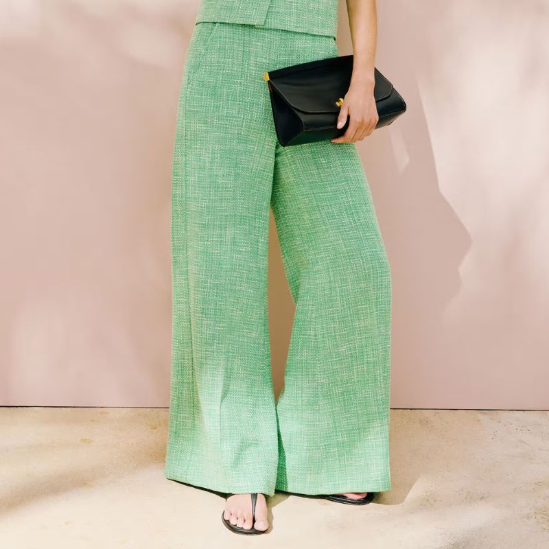 mint green trousers with a wide leg