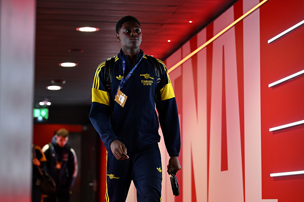 Ife Ibrahim of Arsenal arrives at the stadium prior to the UEFA Champions League 2025/26 League Phase MD8 match between Arsenal FC and FC Kairat Almaty at Arsenal Stadium on January 28, 2026 in London, England.