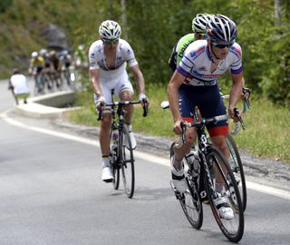 Matthias Frank leads Rui Costa on stage nine of the 2014 Tour de Suisse