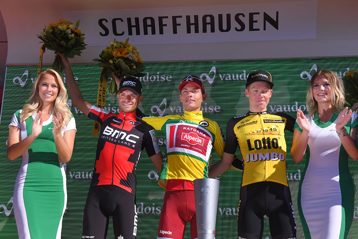 Damiano Caruso, Simon Spilak and Steven Kruijswijk on the final podium