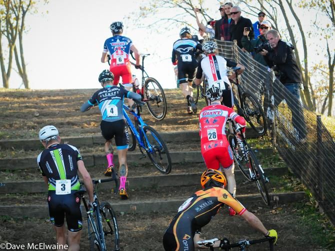 Shawn Milne (Keough Cyclocross/ Felt) leading the race at the first set of stairs