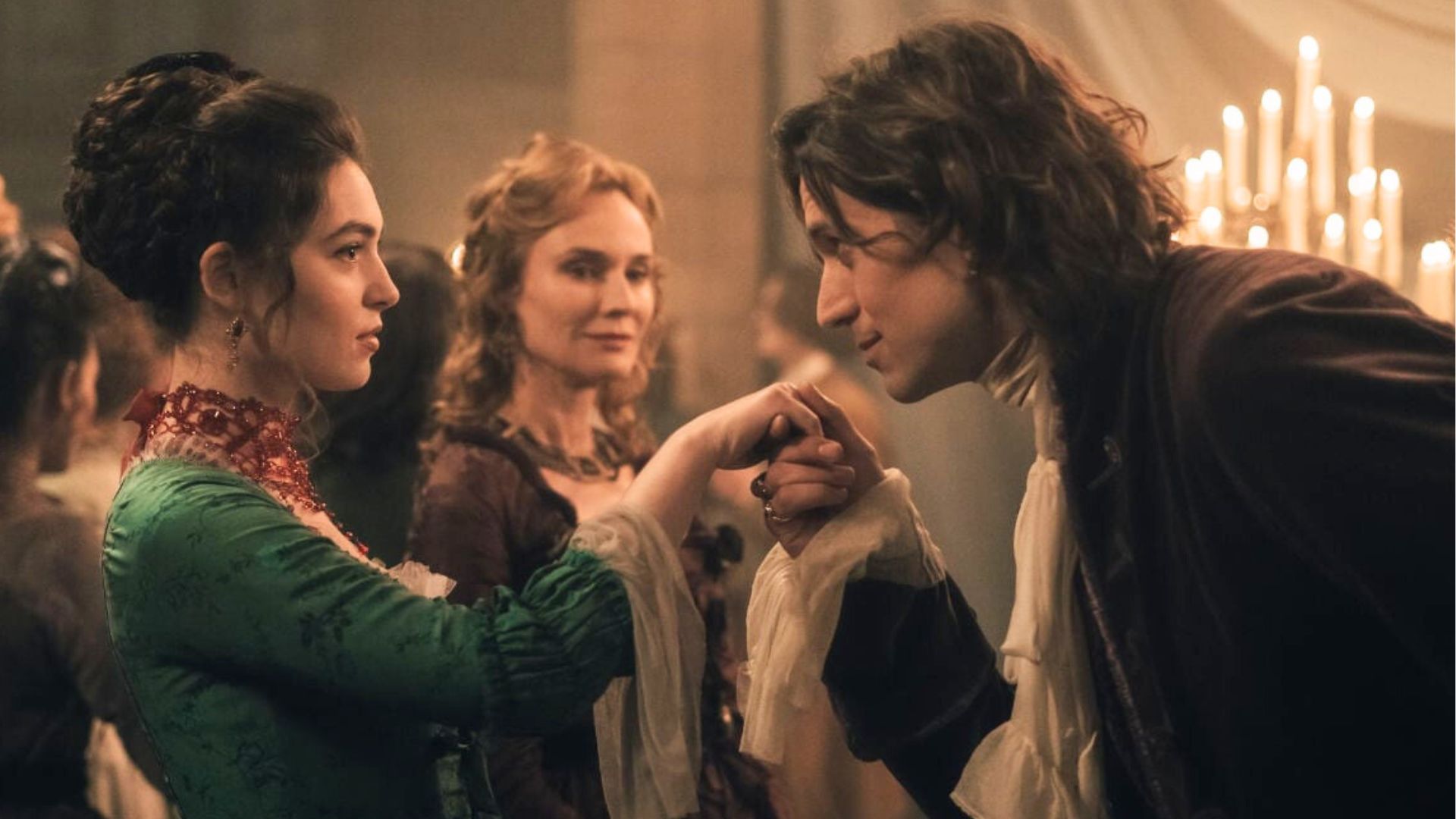 Gercourt kisses Isabelle&#039;s hand as Rosamonde looks on