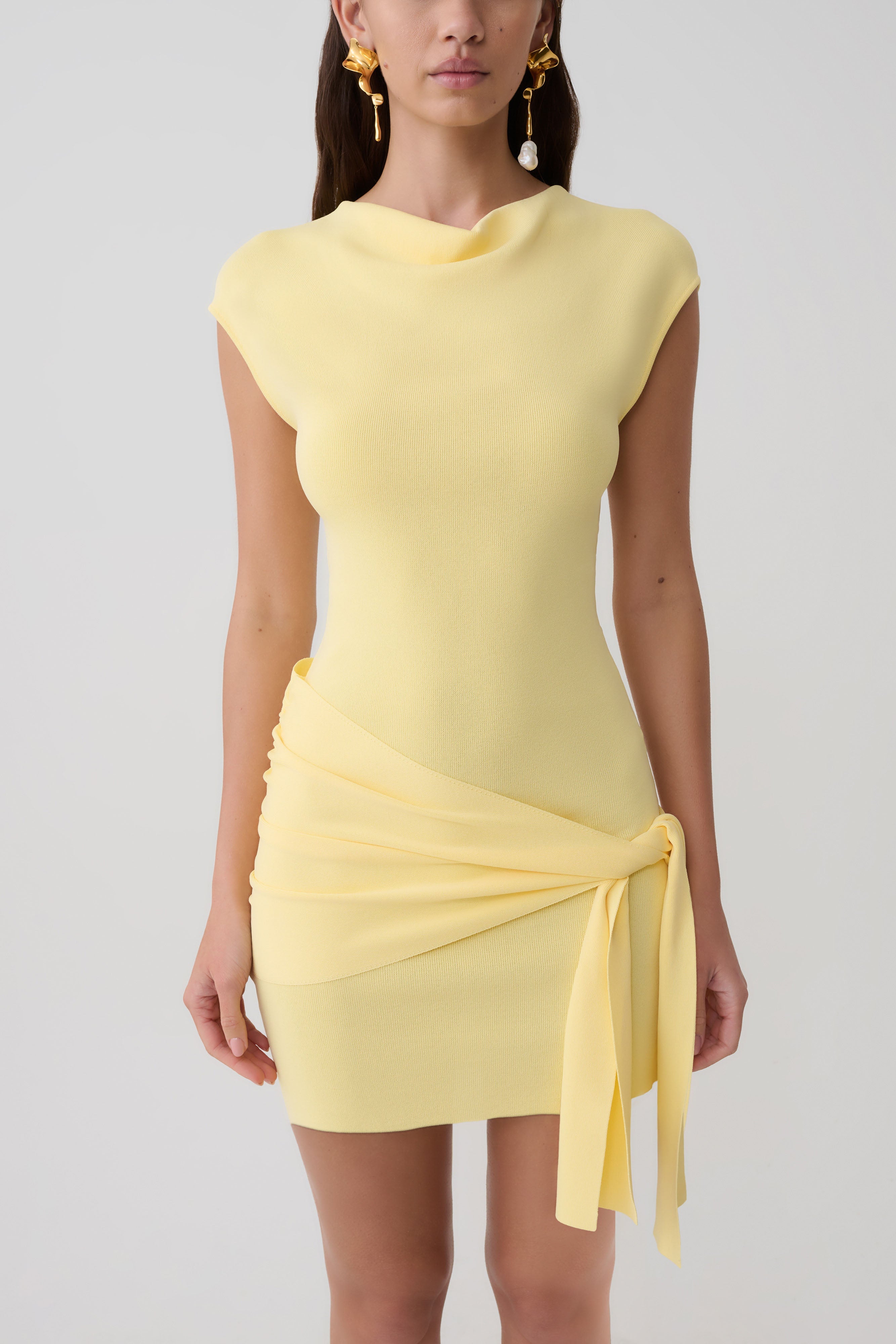 Freida Knit Mini Dress With Sash - Lemon
