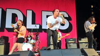 Idles perform live on the Park stage during day three of the Glastonbury Festival at Worthy Farm, Pilton on June 28, 2019 in Glastonbury, England