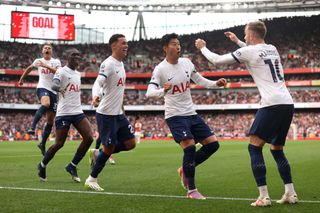 Heung-Min Son of Tottenham Hotspur celebrates after scoring the team's second goal during the Premier League match between Arsenal FC and Tottenham Hotspur at Emirates Stadium on September 24, 2023 in London, England. (Photo by Ryan Pierse/Getty Images)