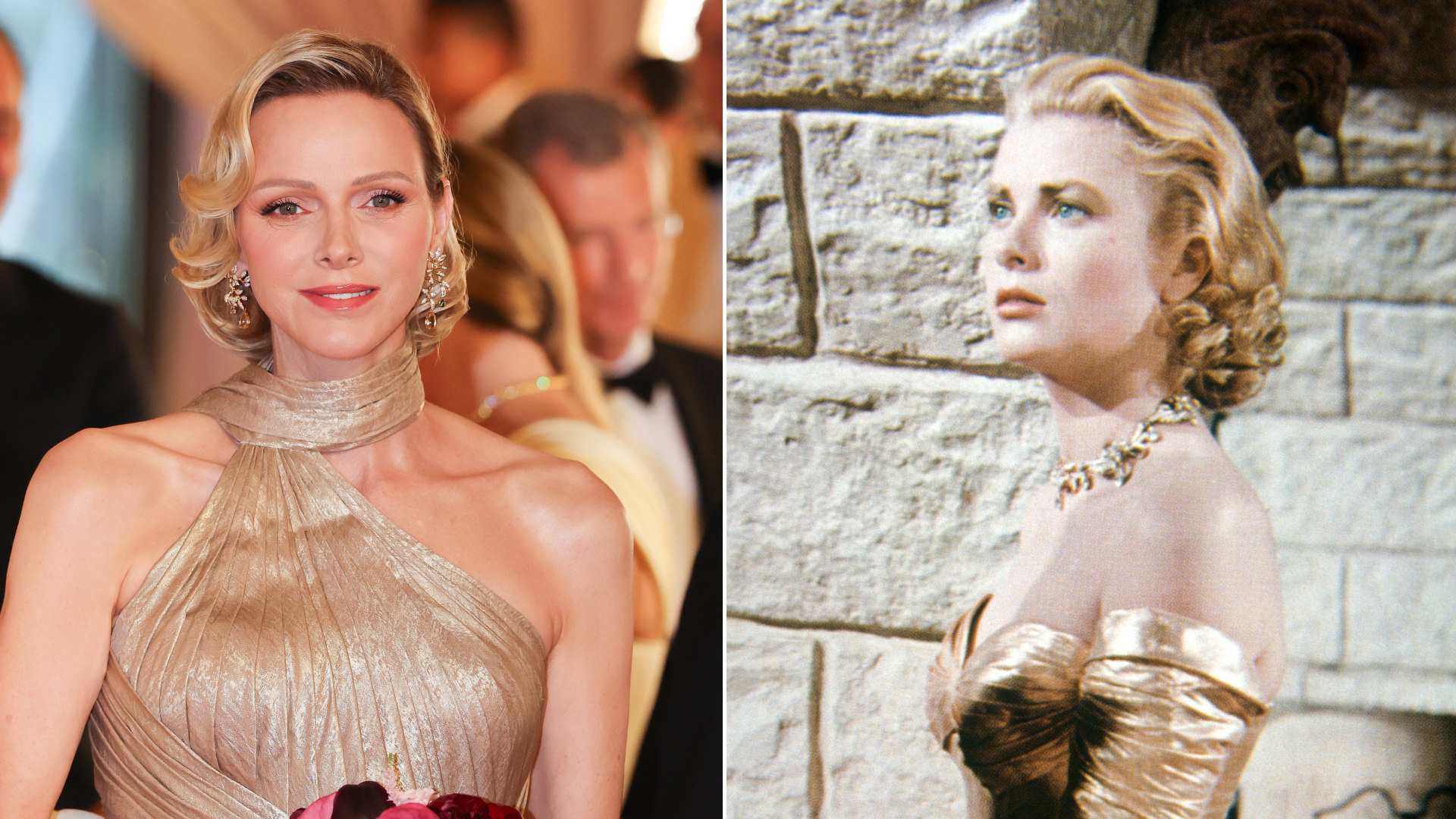 Princess Charlene wears a custom shimmering gold gown from Elie Saab, channeling her late mother-in-law Grace Kelly