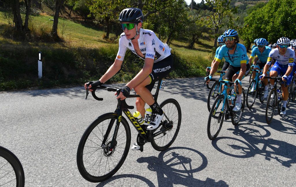 SARNANO ITALY SEPTEMBER 11 Lucas Hamilton of Australia and Team MitcheltonScott White Best Young Jersey Manuele Boaro of Italy and Astana Pro Team Davide Ballerini of Italy and Team Deceuninck QuickStep during the 55th TirrenoAdriatico 2020 Stage 5 a 202km stage from Norcia to SarnanoSassotetto 1335m TirrenAdriatico on September 11 2020 in Sarnano Italy Photo by Justin SetterfieldGetty Images