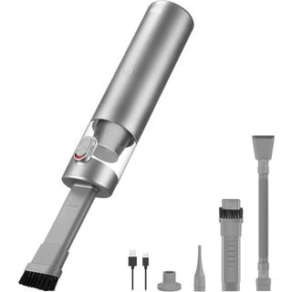 A long cylindrical silver handheld vacuum with brush head attachments displayed beside it. 