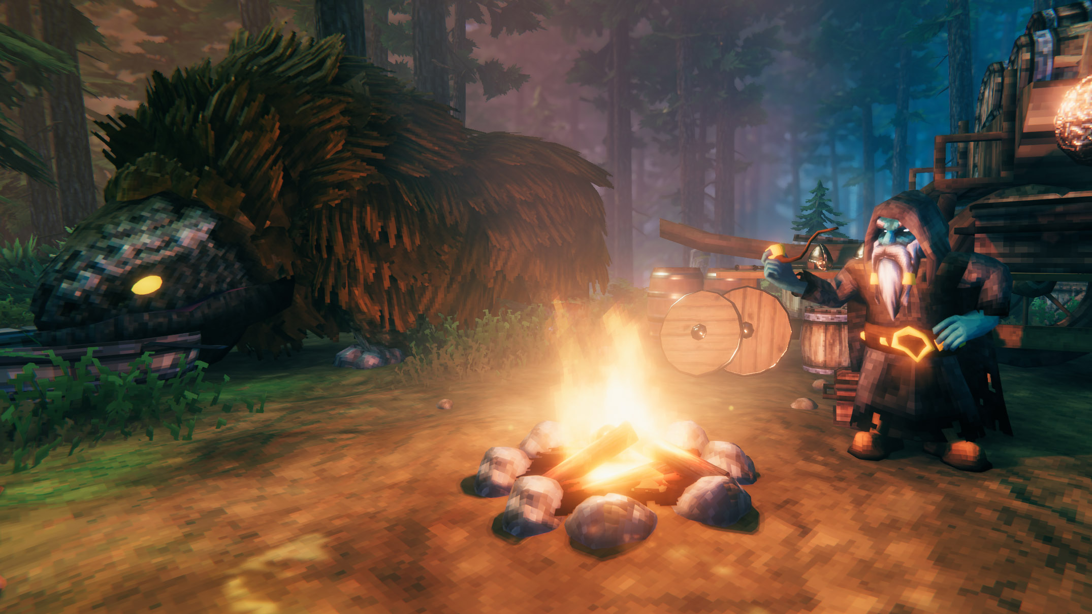 Valheim - The Merchant and his pet Lox in the Black Forest