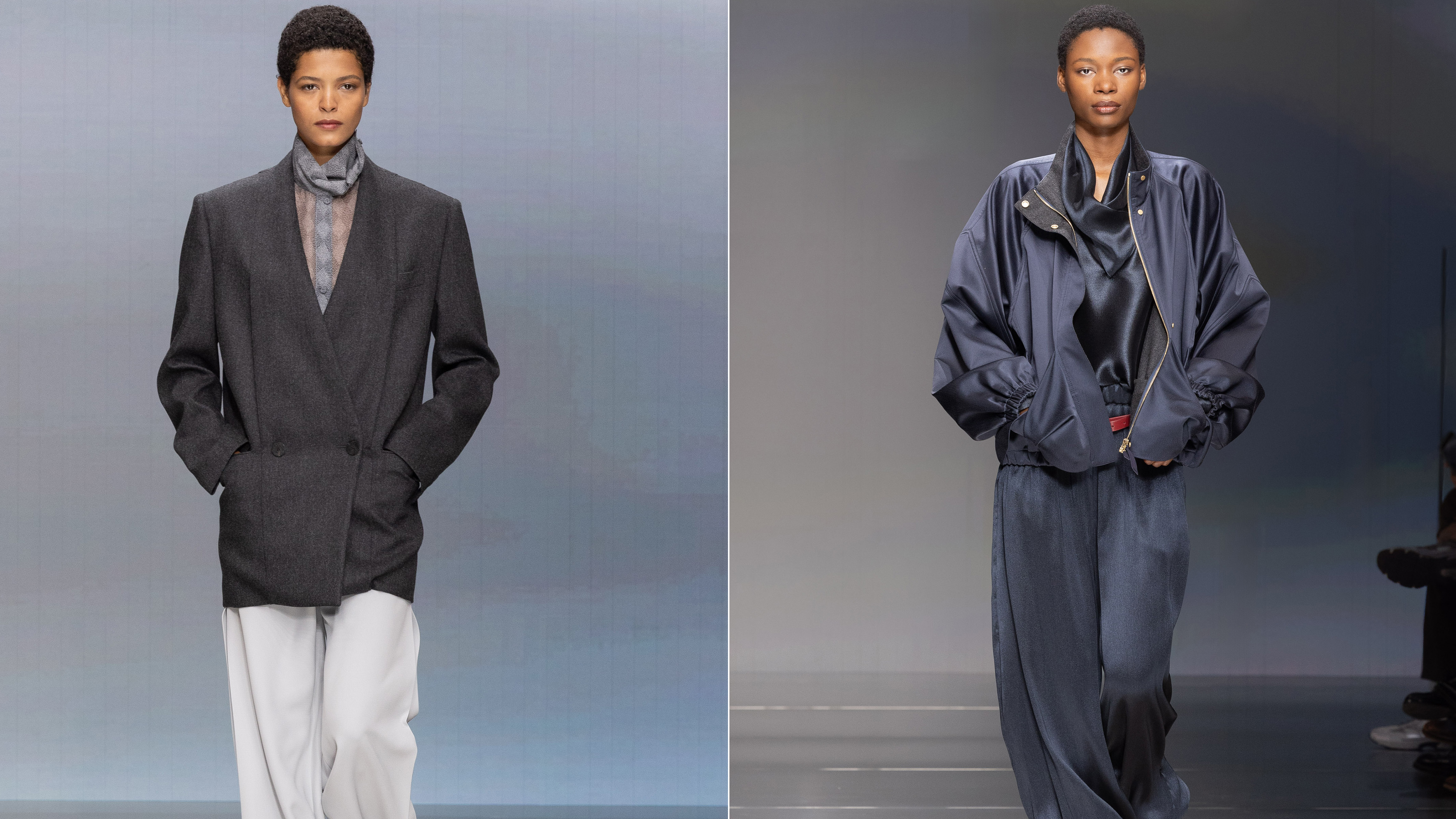 two models walk the giorgio armani fall/winter 2026 runway.