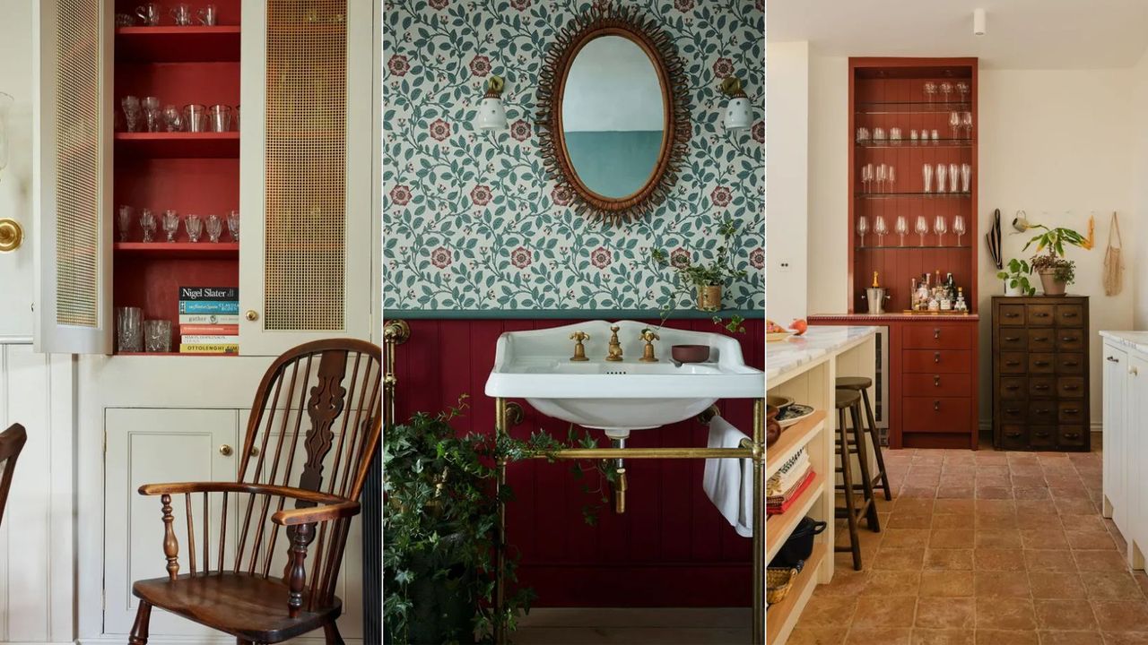 cabinet with red cupboard, bathroom with dark red wall panelling, kitchen with red shelving unit