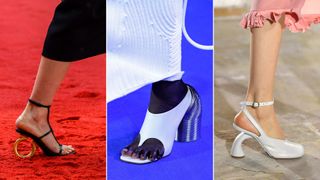 A composite of models on the runway showing shoe trends 2023 sculptural heels