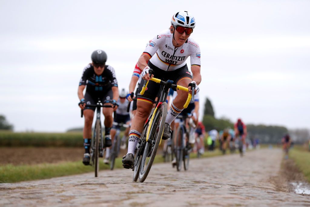 ROUBAIX FRANCE OCTOBER 02 Lisa Brennauer of Germany and Ceratizit WNT Pro Cycling Team competes through cobblestones sector during the 1st ParisRoubaix 2021 Womens Elite a 1164km race from Denain to Roubaix ParisRoubaixFemmes ParisRoubaix on October 02 2021 in Roubaix France Photo by Bas CzerwinskiGetty Images