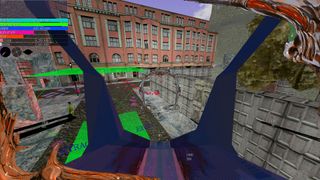In-development screenshot of game Psycho Patrol R. It is a low-poly, low-fidelity graphical style with deliberately clashing colors and interface elements.