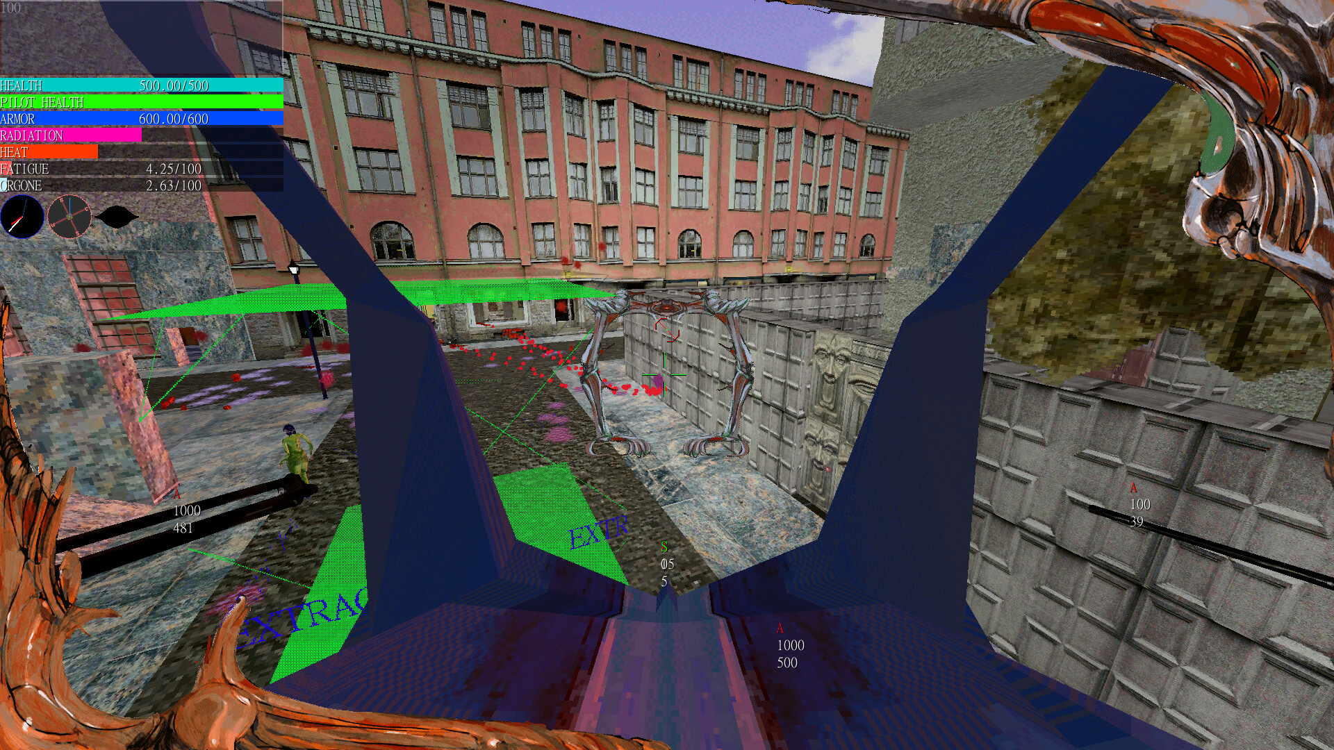 In der Entwicklung befindlicher Screenshot des Spiels Psycho Patrol R. Es handelt sich um einen Low-Poly-Grafikstil mit geringer Wiedergabetreue und bewusst gegensätzlichen Farben und Schnittstellenelementen.