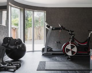 A home gym with dark wood-effect flooring