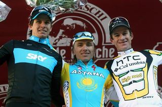 The Montepaschi Strade Bianche podium (l-r): Thomas Löfkvist (Sky), 2nd; Maxim Iglinskiy (Astana), 1st; Michael Rogers (HTC - Columbia), 3rd.