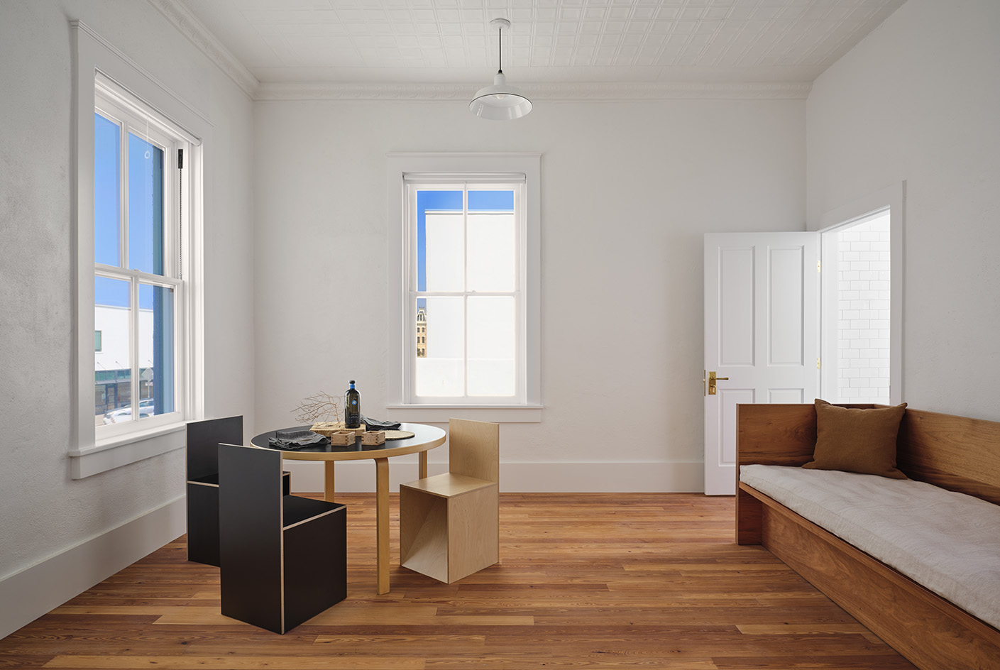 interior of Judd Foundation North Apartments in Marfa with timber furniture and domestic styling