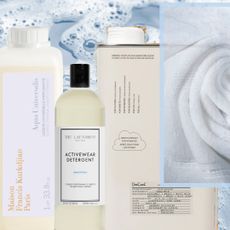 collage of laundry detergents on a sudsy background