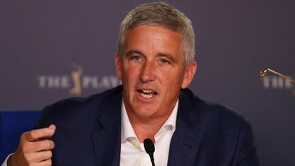 Jay Monahan speaks to the press at the 2019 Players Championship