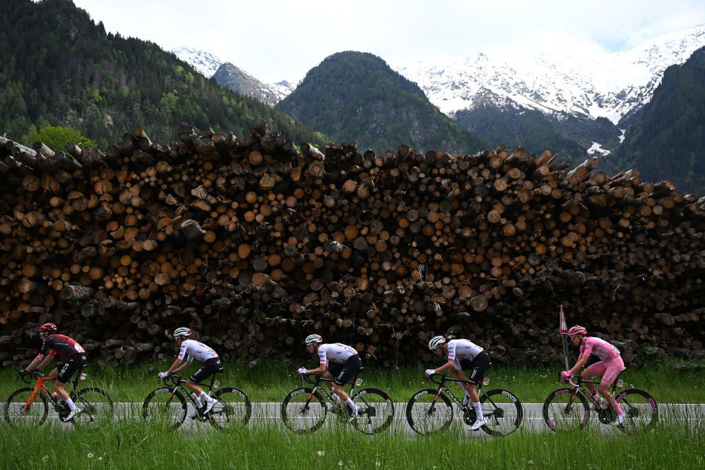 LIVIGNO MOTTOLINO ITALY MAY 19 LR Geraint Thomas of The United Kingdom and Team INEOS Grenadiers Rafal Majka of Poland Felix Grobschartner of Austria Domen Novak of Slovenia and Tadej Pogacar of Slovenia and UAE Team Emirates Pink Leader Jersey compete during the 107th Giro dItalia 2024 Stage 15 a 222km stage from Manerba del Garda to Livigno Mottolino 2387m UCIWT on May 19 2024 in Livigno Mottolino Italy Photo by Dario BelingheriGetty Images