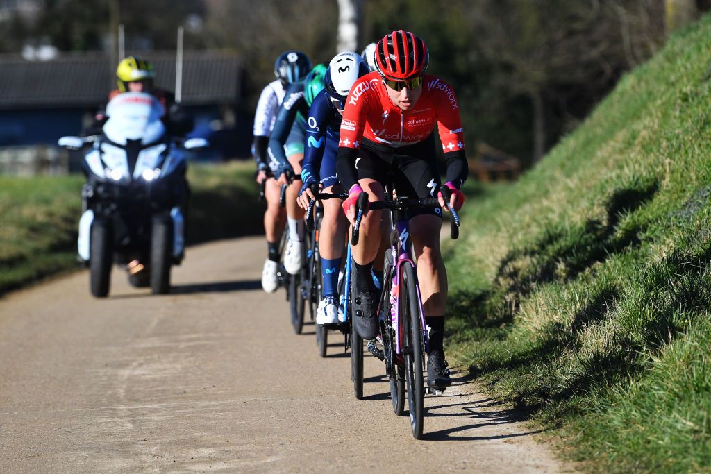 TIELTWINGE BELGIUM FEBRUARY 27 Marlen Reusser of Switzerland and Team SD Worx competes during the 17th Craywinckelhof Omloop van het Hageland 2022 a 1282km race from Tienen to TieltWinge OmloopHageland on February 27 2022 in TieltWinge Belgium Photo by Luc ClaessenGetty Images