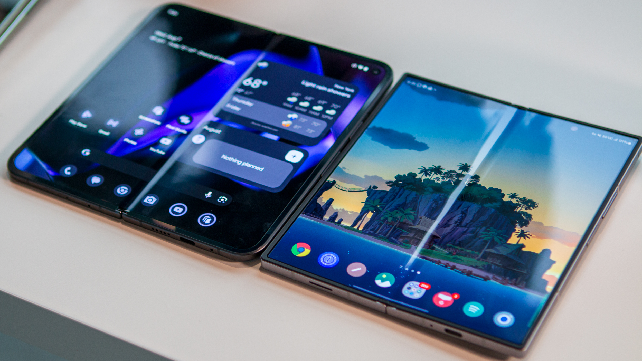 Pixel 9 Pro Fold and Galaxy Z Fold 6 side by side with screens open