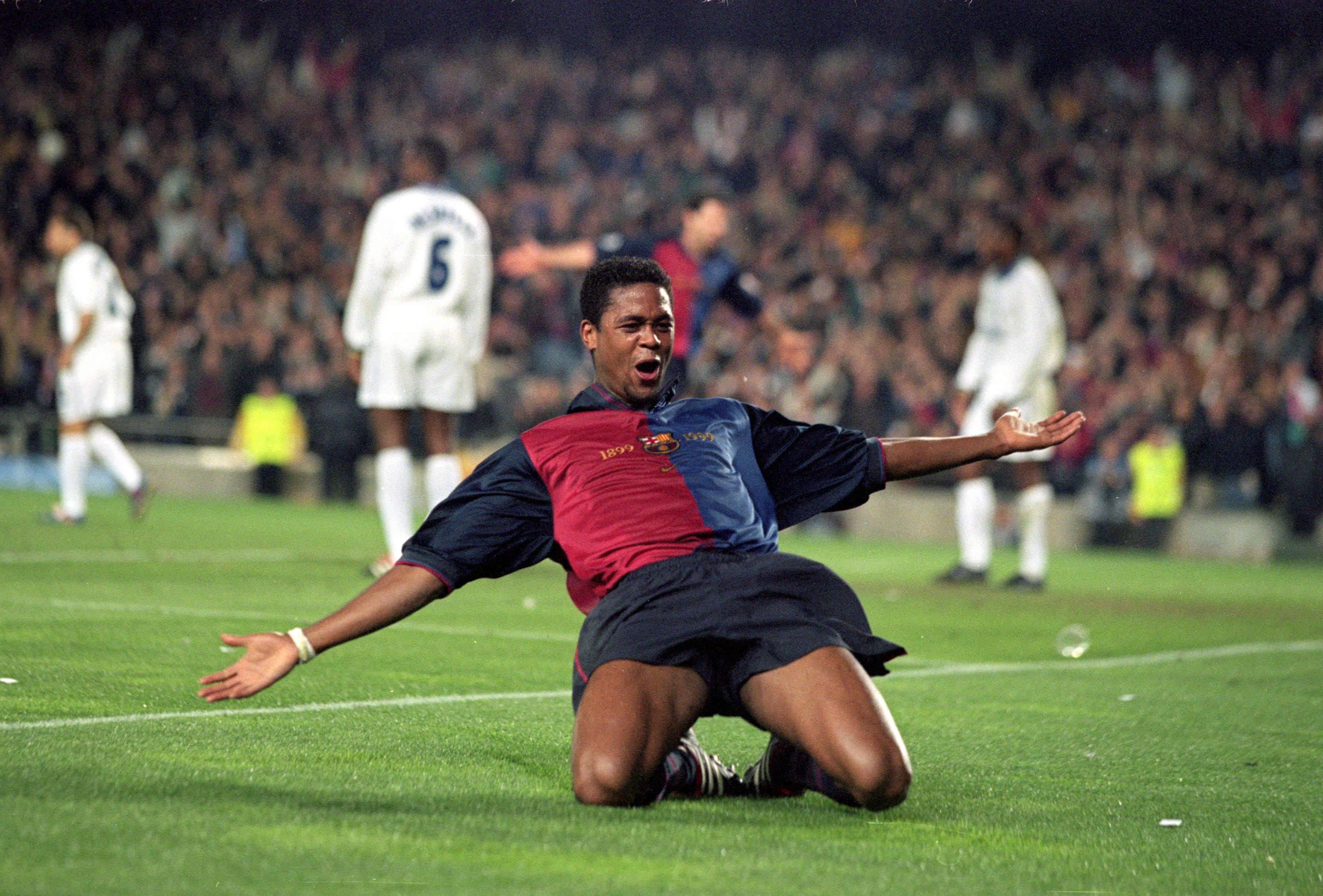 Patrick Kluivert celebrates after scoring for Barcelona against Chelsea in the Champions League in April 2000.