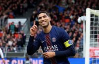 Achraf Hakimi #2 of Paris Saint-Germain celebrates his first goal during the Ligue 1 McDonald's match between Stade Brestois 29 and Paris Saint-Germain FC at Stade Francis Le Ble on October 25, 2025 in Brest, France.