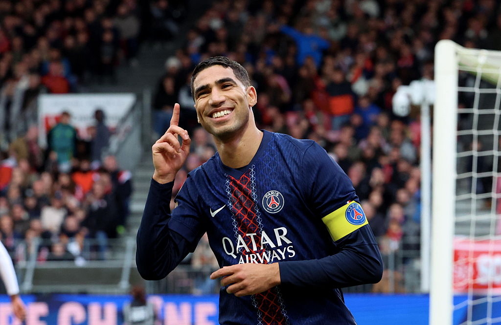 Achraf Hakimi #2 of Paris Saint-Germain celebrates his first goal during the Ligue 1 McDonald&#039;s match between Stade Brestois 29 and Paris Saint-Germain FC at Stade Francis Le Ble on October 25, 2025 in Brest, France.