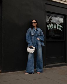 Flared denim with jean jacket and strappy heels