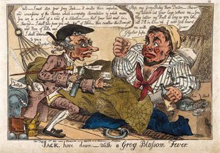 A doctor trying to administer medicines to a carbuncled sailor, drunken on grog, by W. Elmes (1811). Wellcome Collection