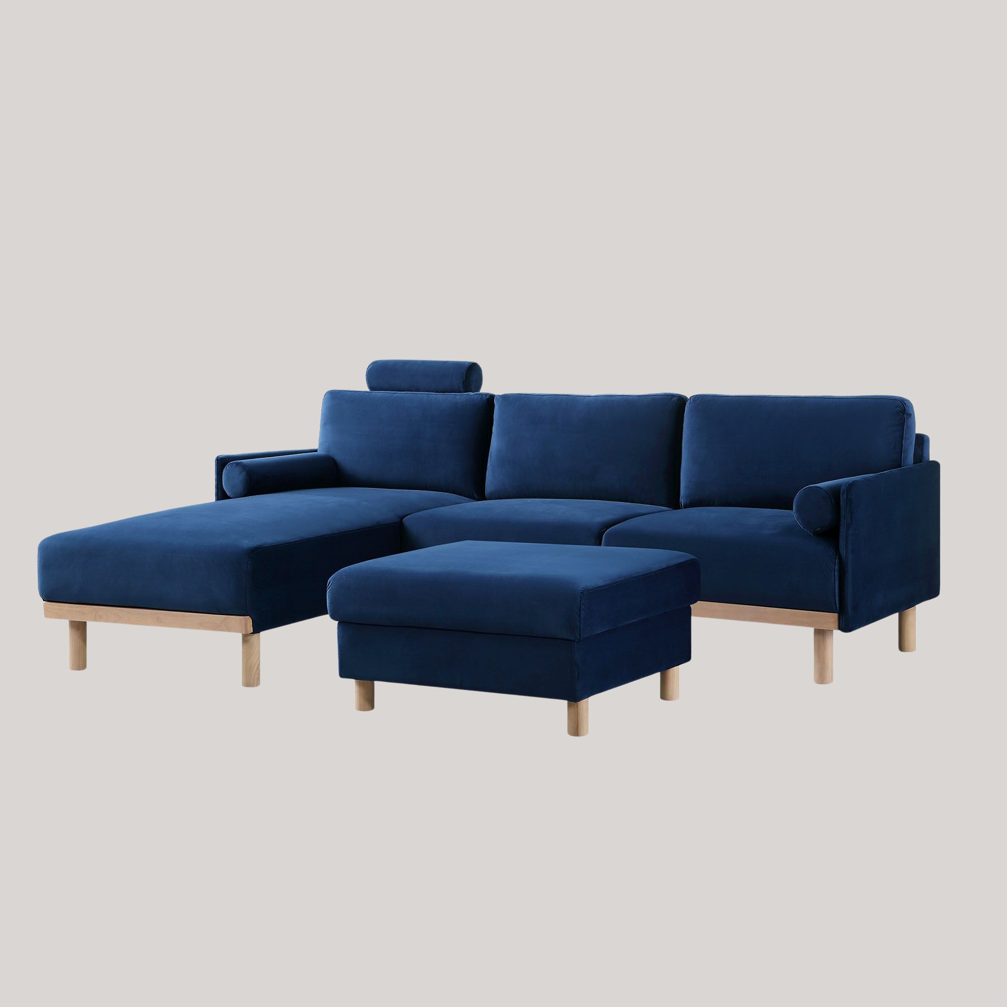Furniture Village, Timber Navy Blue Velvet Sofa, Large 3-Seater Chaise Sofa