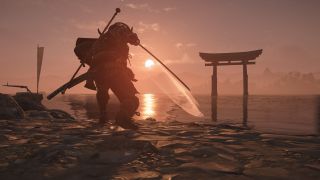 Best Assassin's Creed Shadows weapons - A scenic shot of Yasuke swinging a katana as the sunsets on a beach.