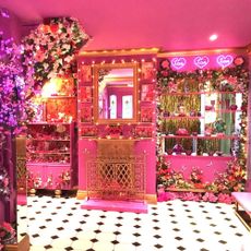 pink wall room with mirror decorated with flowers and light and designed floor